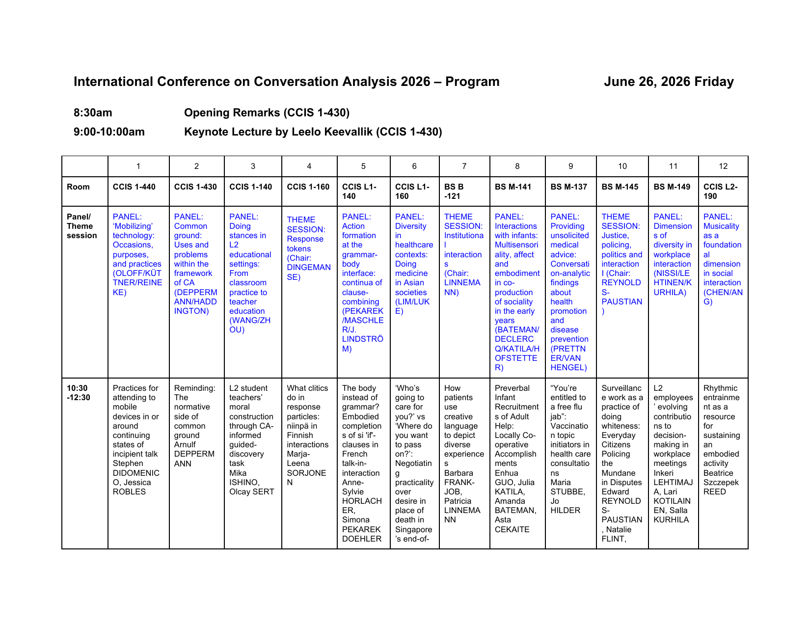 Page 2 of the official ICCA 2026 program PDF: a landscape table with twelve room columns across the page, each cell packed with a panel title, chair names, and talk titles set in tiny type that breaks words mid-token to fit the narrow columns