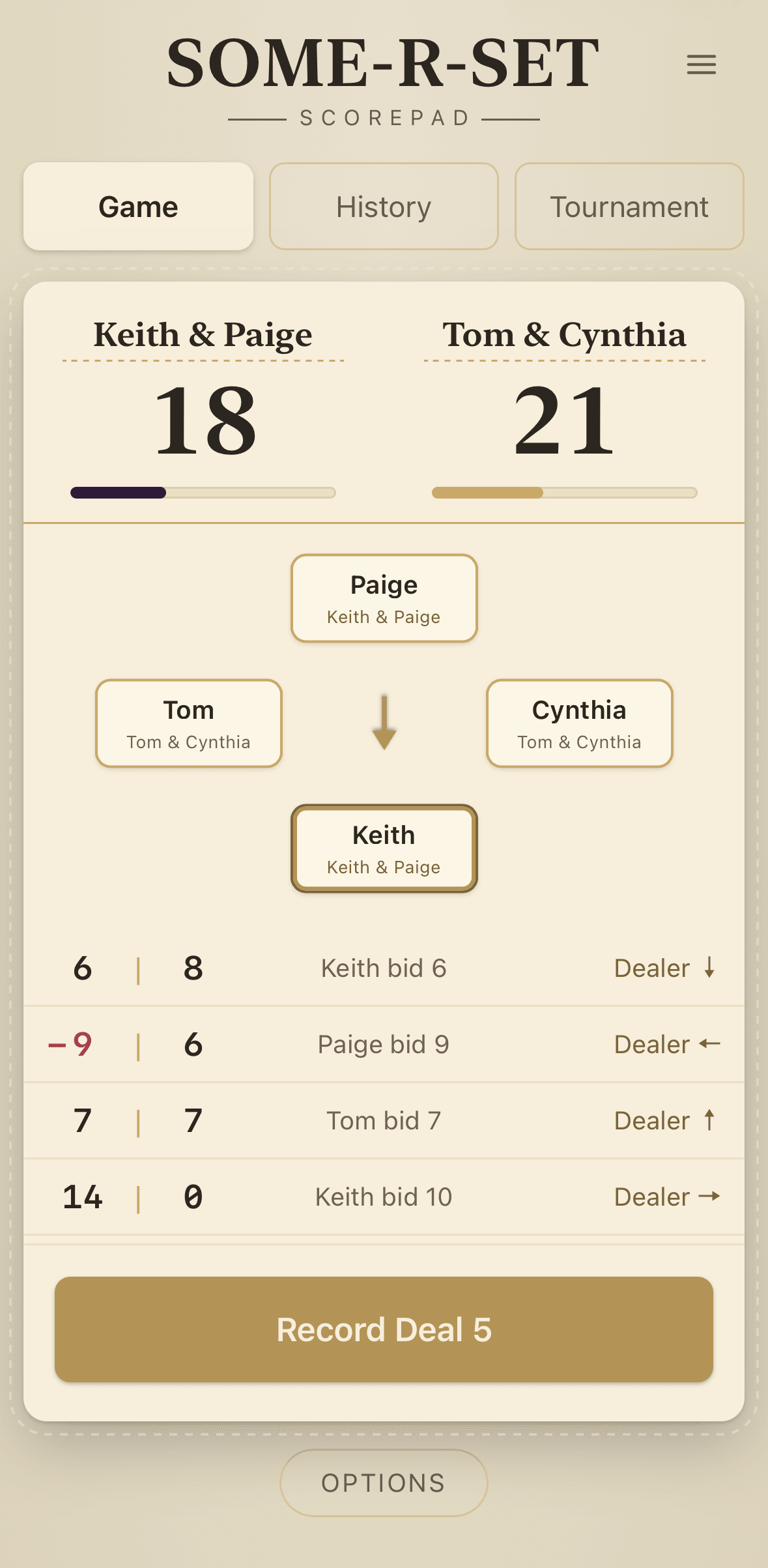 Scorepad live game board mid-hand, showing team scores, the bid/take rotation, and recent deal history