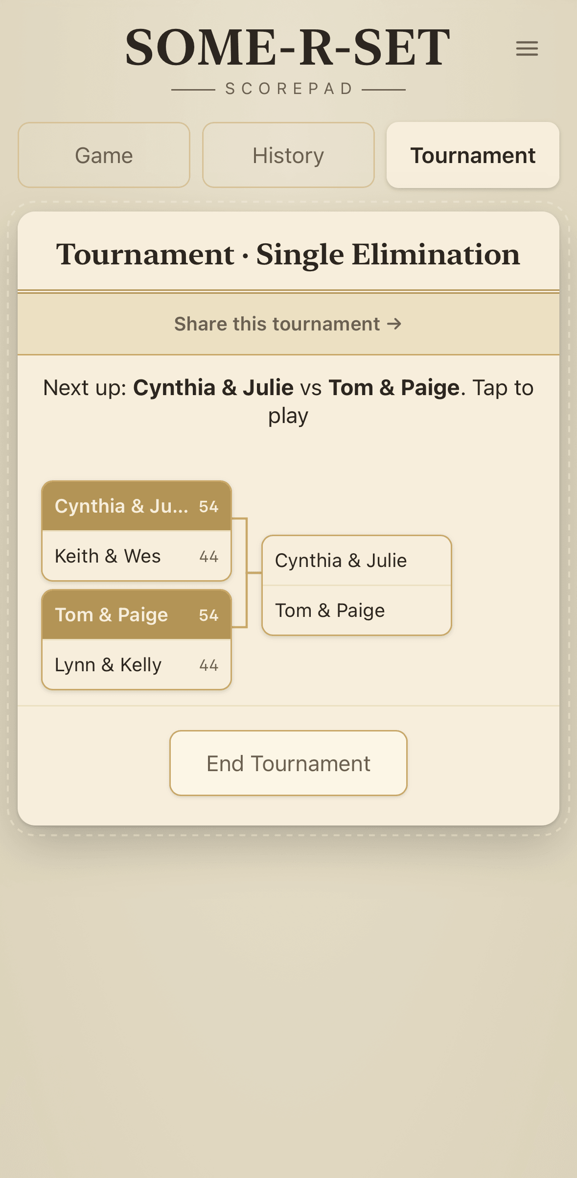Scorepad single-elimination tournament bracket with the next matchup and completed round results