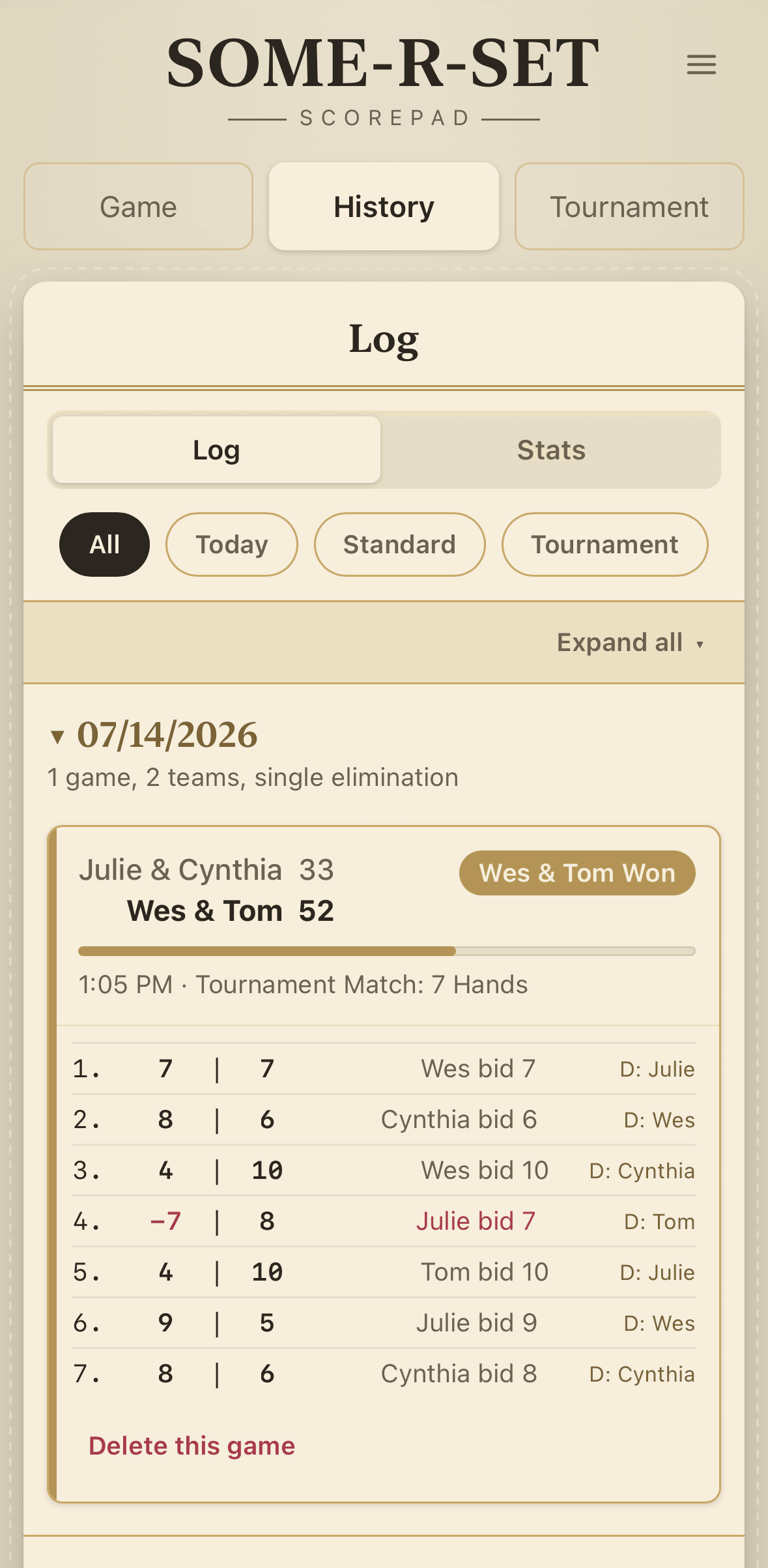 Scorepad game history log with expandable hand-by-hand results and a delete-game option