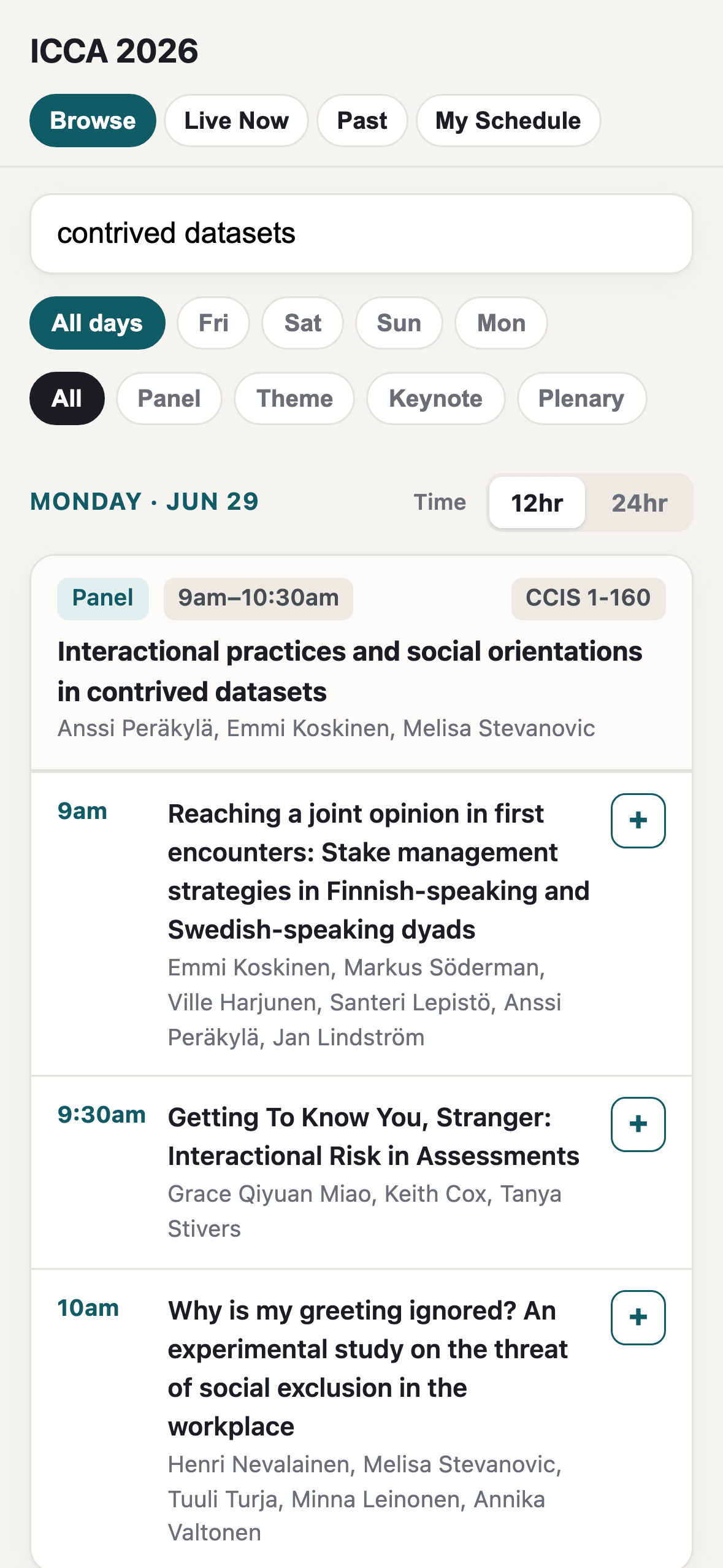 The Planner's browse view for the same Monday panel, with each individual talk (Reaching a joint opinion, Getting To Know You Stranger, Why is my greeting ignored) broken out as its own row with its own add button