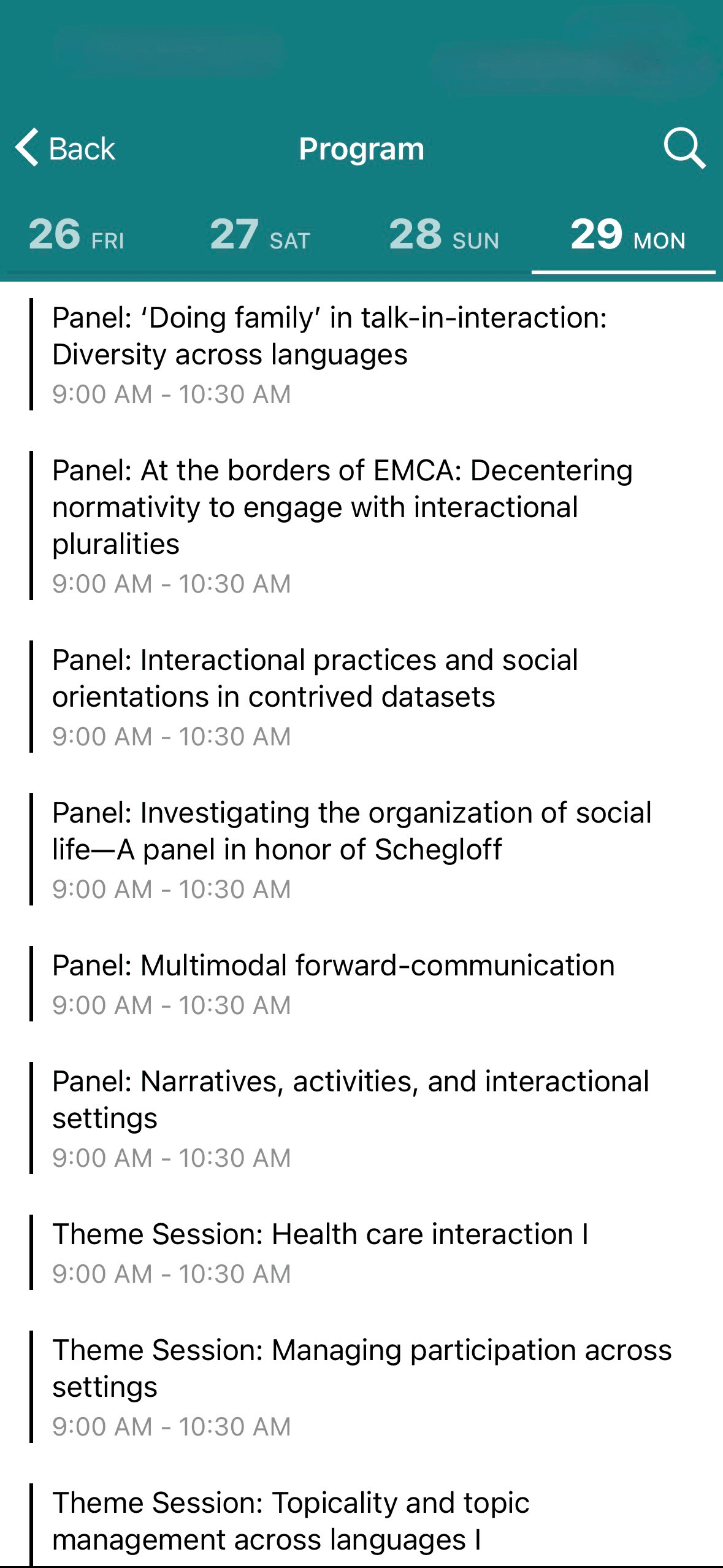The official app's Program screen for Monday, listing only panel-level titles and a shared 9:00–10:30 AM time range, with no individual talks shown