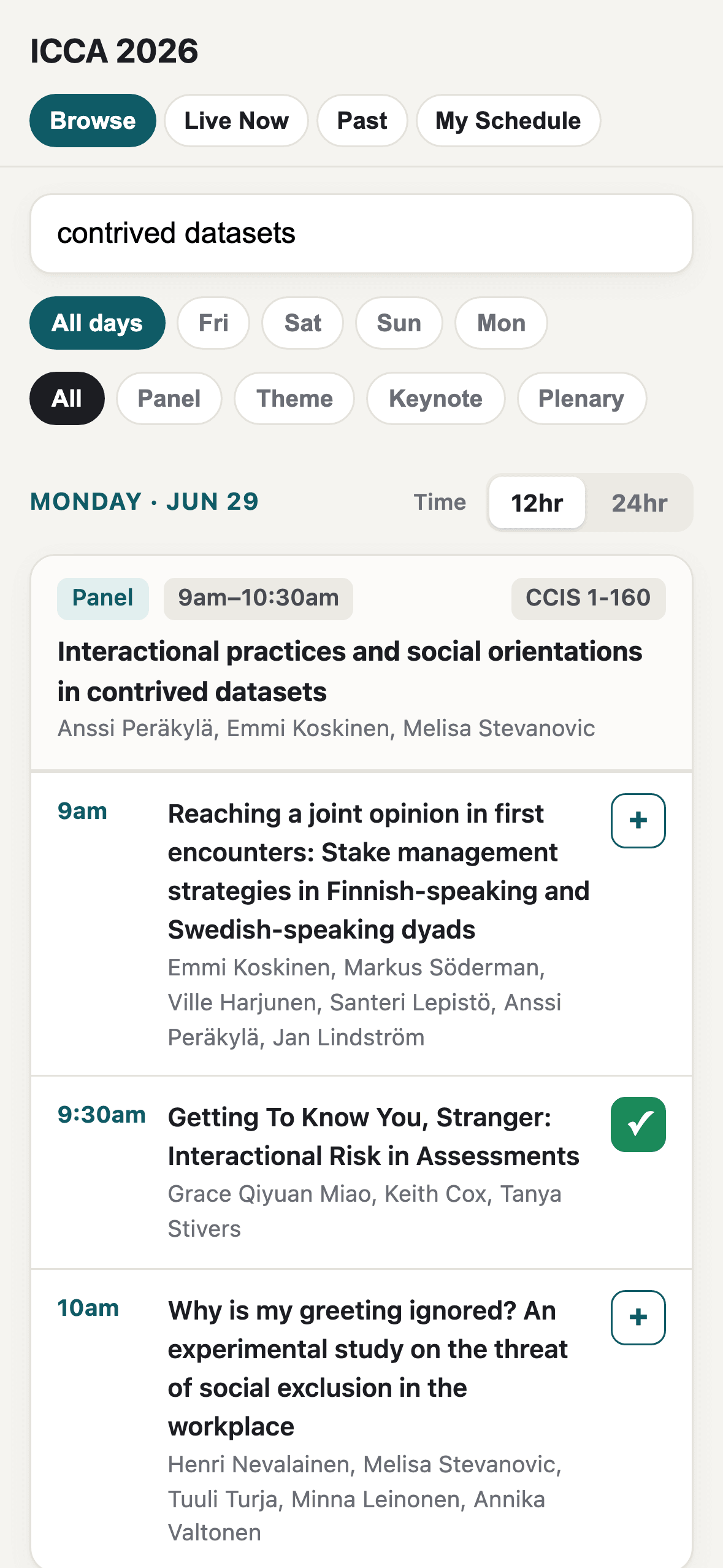 The Planner's browse list showing a green checkmark on 'Getting To Know You, Stranger' in place of the add button, confirming that specific talk was saved without leaving the list