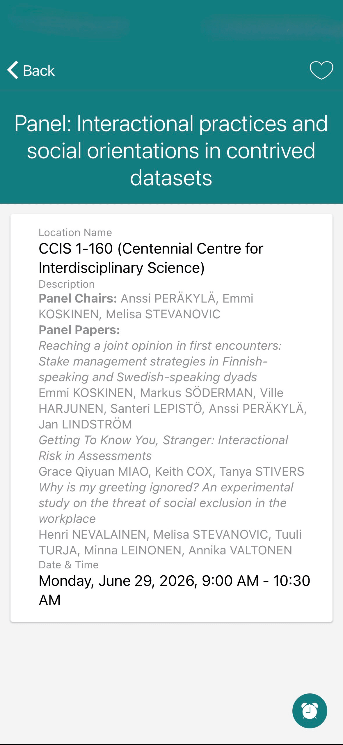 The official app's full-page panel detail screen, with panel chairs and all three papers run together in one description block, and a single alarm-clock icon in the corner to save the entire panel