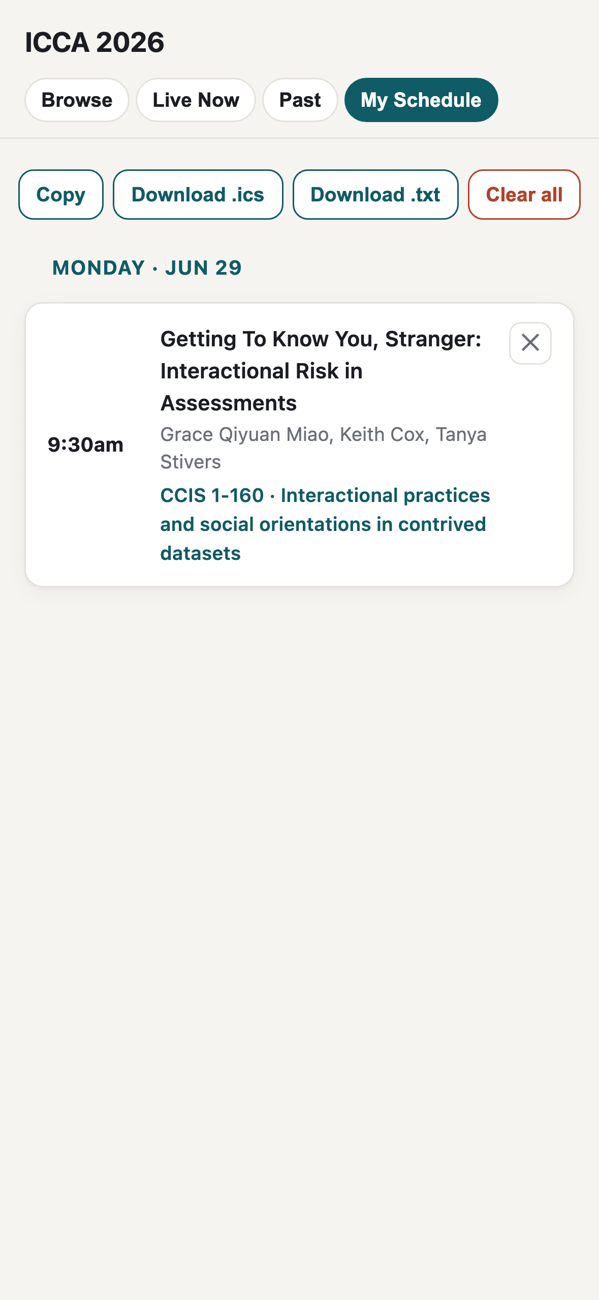 The Planner's My Schedule tab showing the specific talk 'Getting To Know You, Stranger: Interactional Risk in Assessments' at 9:30am with its three presenters listed, the parent panel linked below, and Copy/Download .ics/Download .txt export options