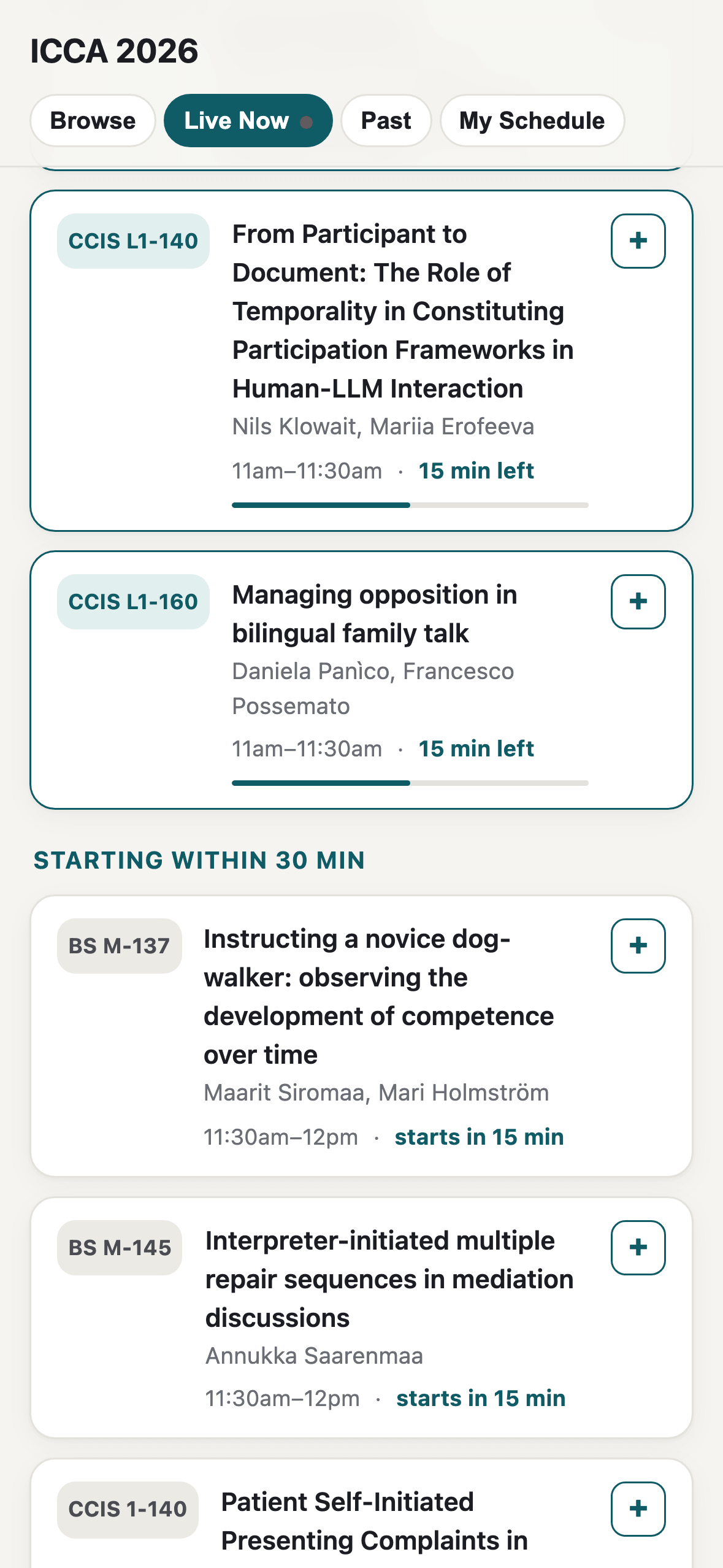 The Planner's Live Now tab showing two talks currently in progress, each with a '15 min left' countdown and progress bar, and a 'Starting within 30 min' section below listing what's coming up next