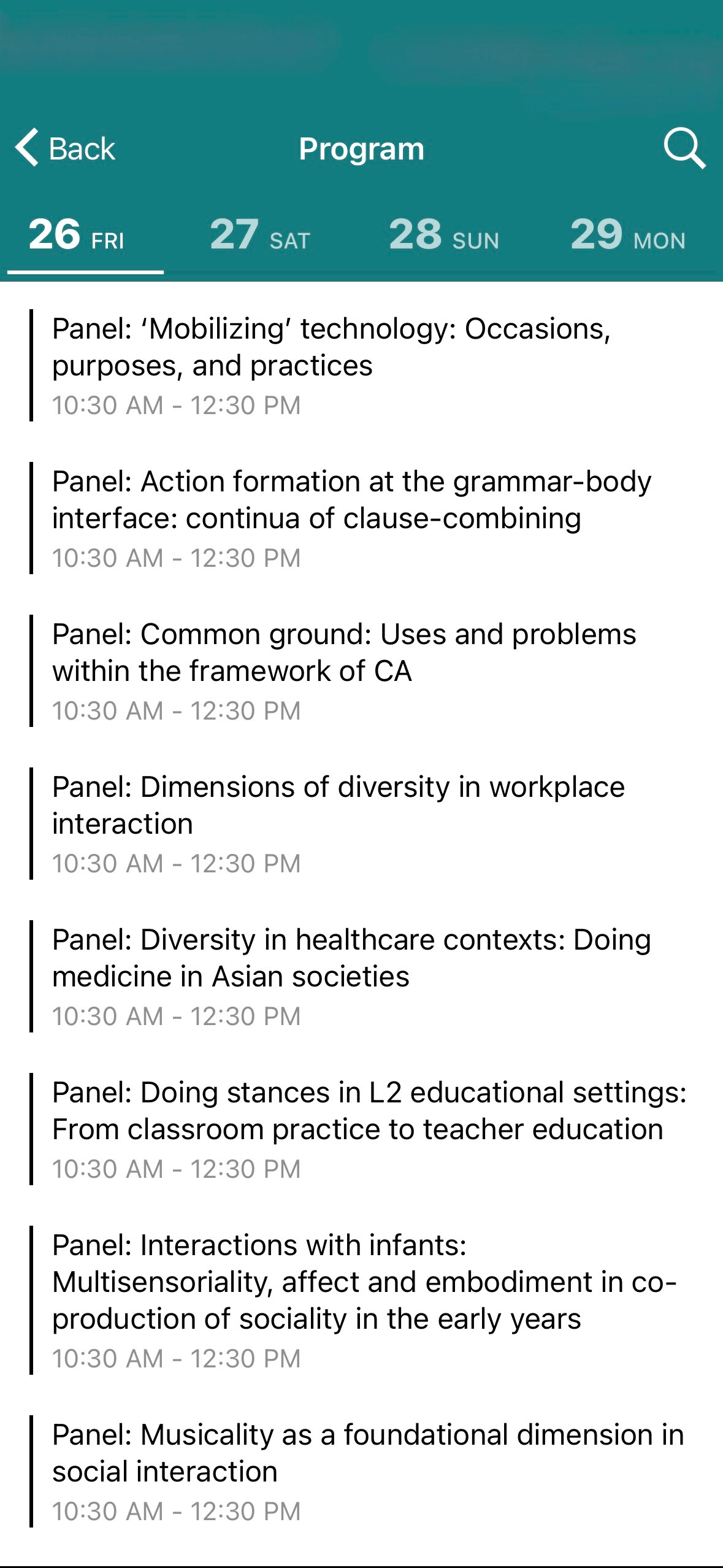 The official app's Program screen for Friday the 26th, a flat day-by-day list of eight panels every one of which reads the same '10:30 AM - 12:30 PM' time range, with no indication of which is happening now
